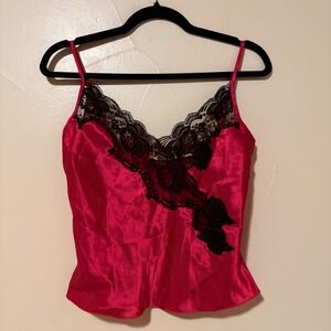 Vintage Victoria's Secret Gold Label Red Satin Black Lace Cami Tank Lingerie S